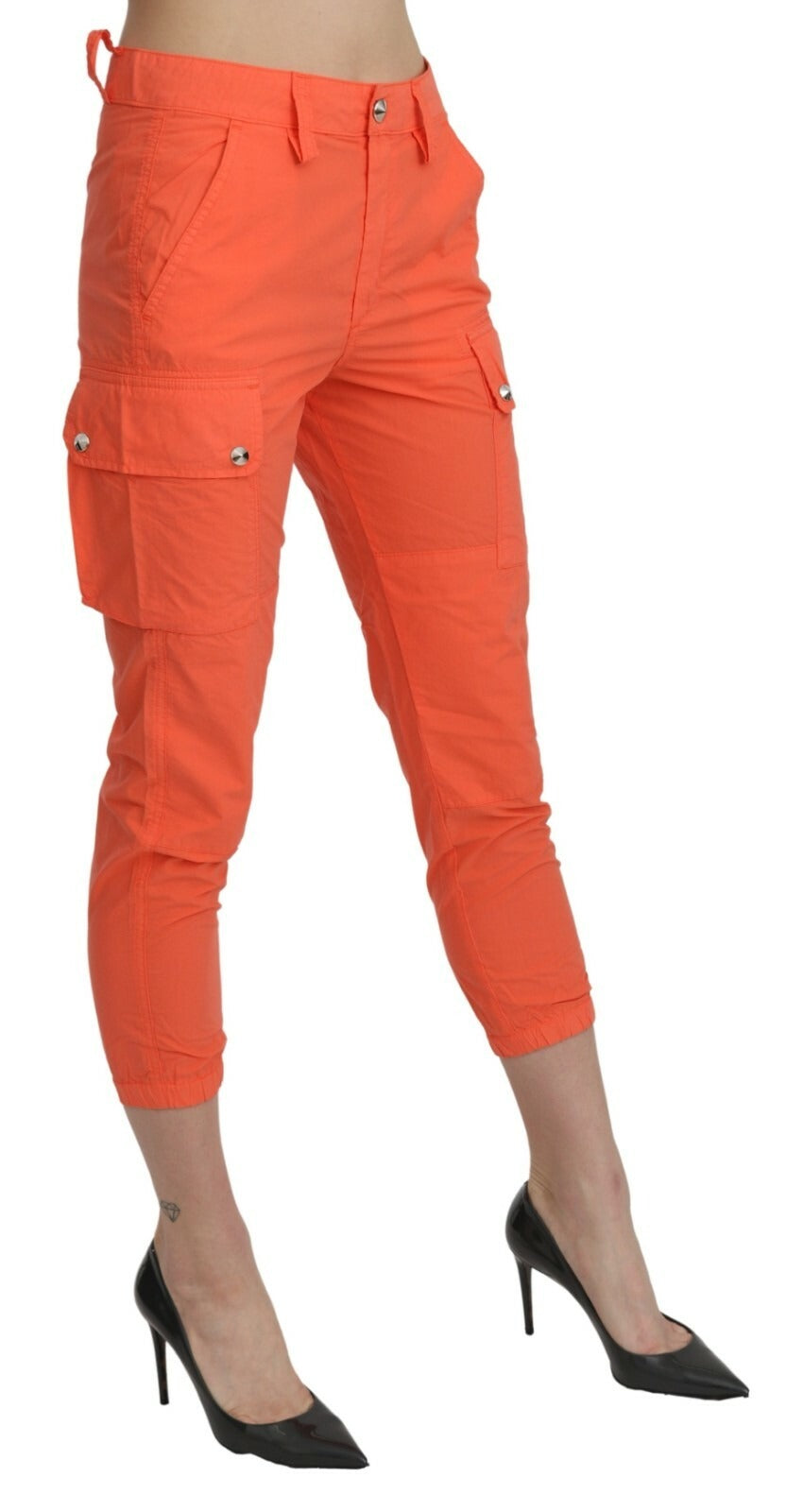 Cotton Orange High Waist Skinny Cropped Trouser Pants