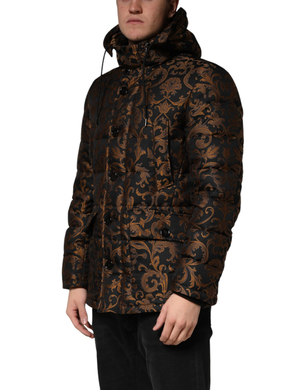 Black Floral Jacquard Quilted Hooded Jacket