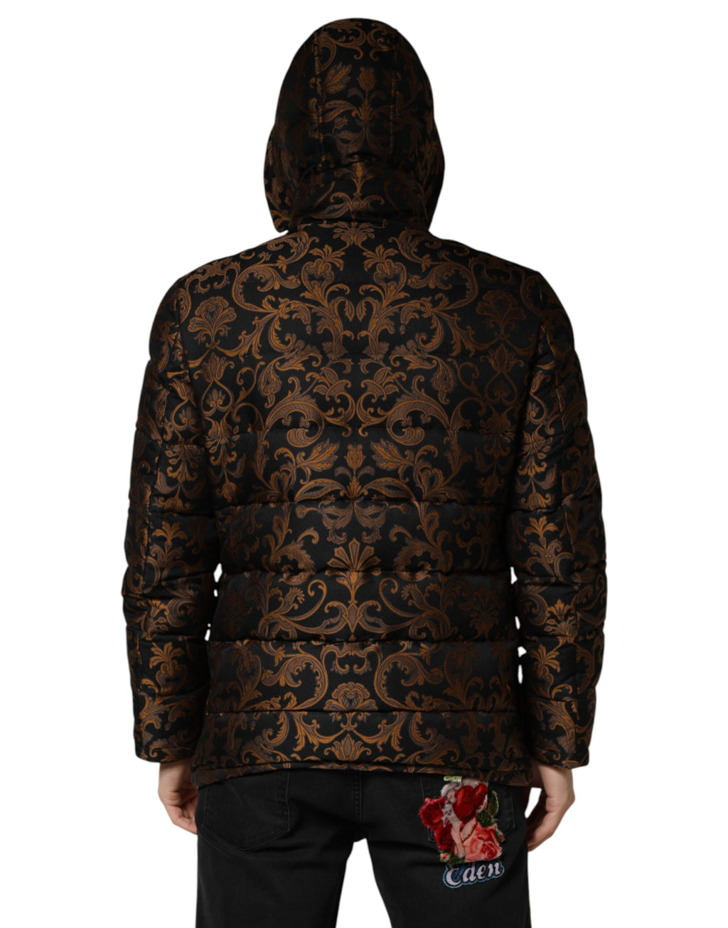 Black Floral Jacquard Quilted Hooded Jacket