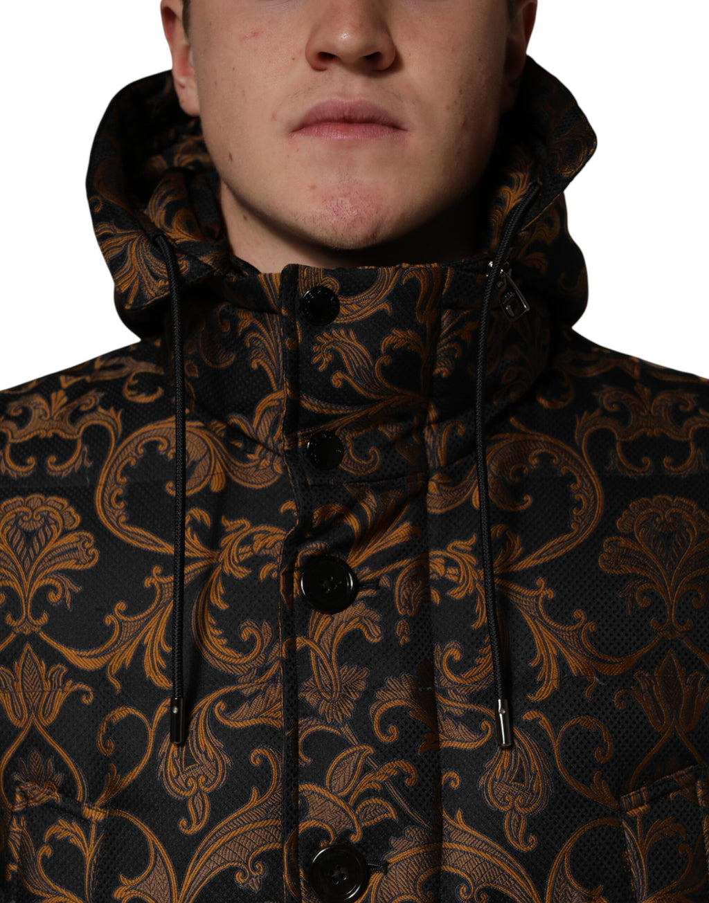 Black Floral Jacquard Quilted Hooded Jacket