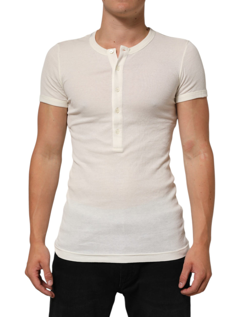 Off White Cotton Short Sleeve Henley T-shirt