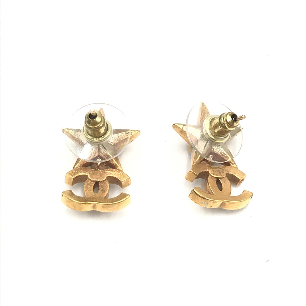 Gold Plated Star Coco Mark Earrings With Rhinestones