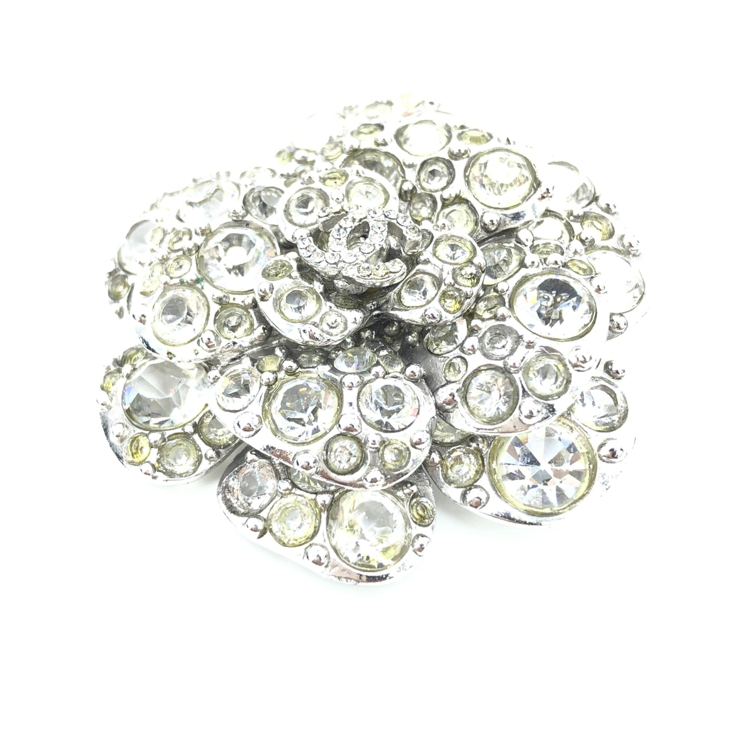 Silver Crystal Camellia Flower Brooch