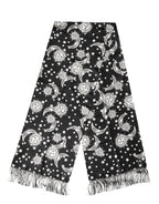 Black Silk Sun Moon Star Fringe Foulard 178cm X 33cm Scarf