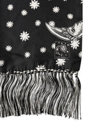 Black Silk Sun Moon Star Fringe Foulard 178cm X 33cm Scarf