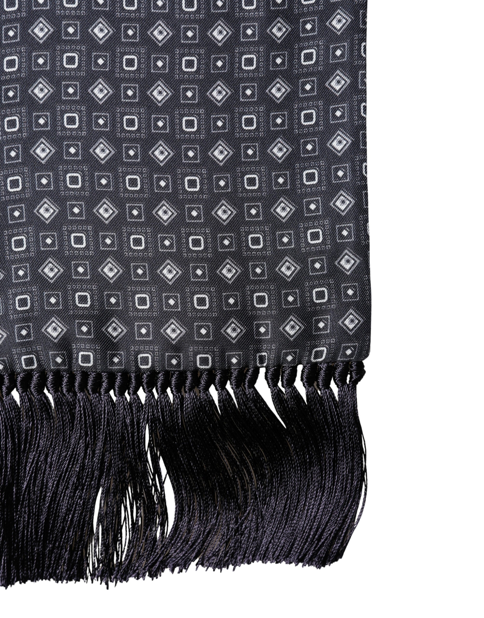 Black Silk Geometric Fringe Wrap Foulard 136cm X 15cm  Scarf