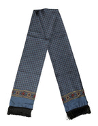 Blue Silk Geometric Fringe Foulard 134cm x 15.5cm Scarf