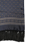 Navy Silk Geometric Fringe Foulard 137cm x 18cm Scarf