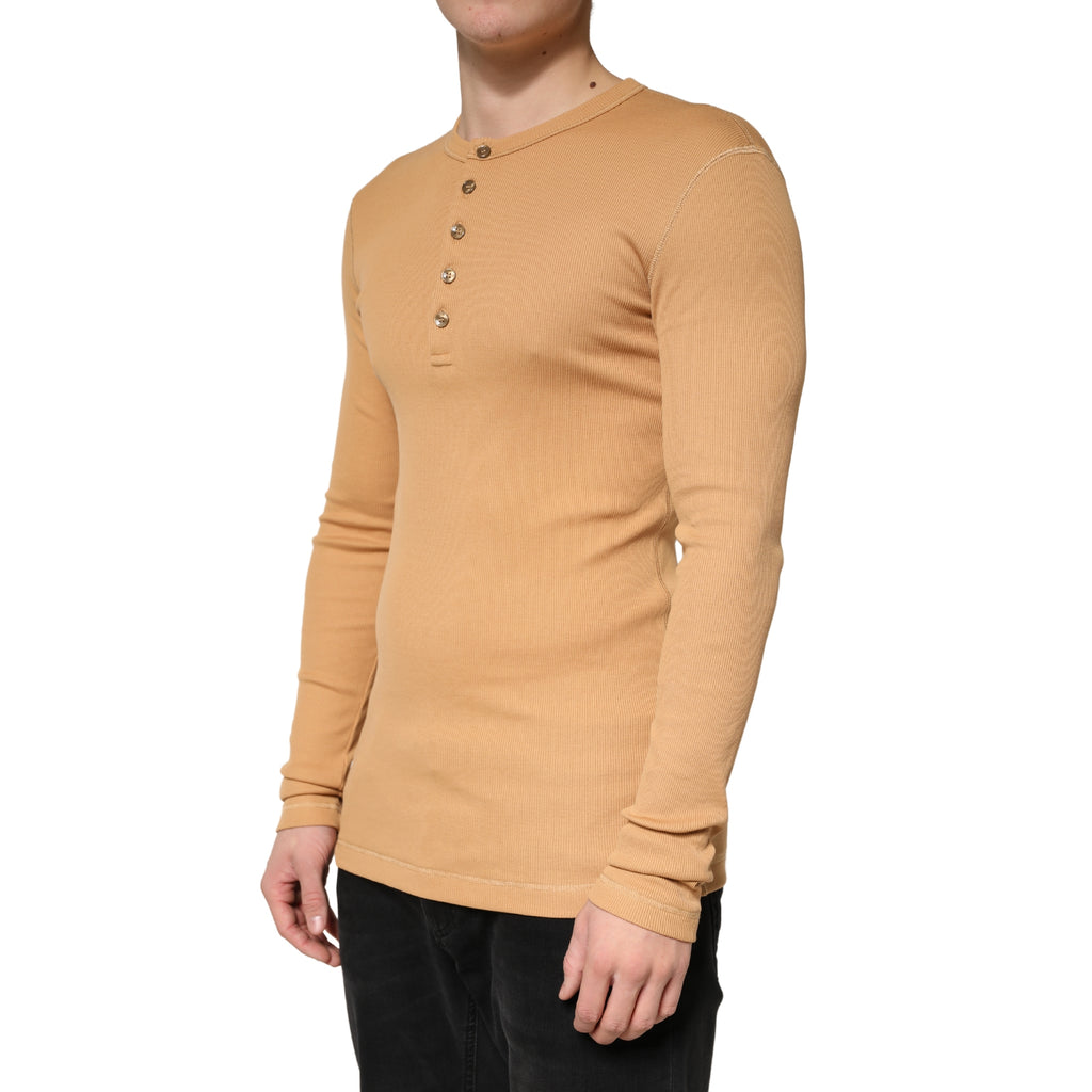 Camel Ribbed Cotton Long Sleeve Henley Sweater