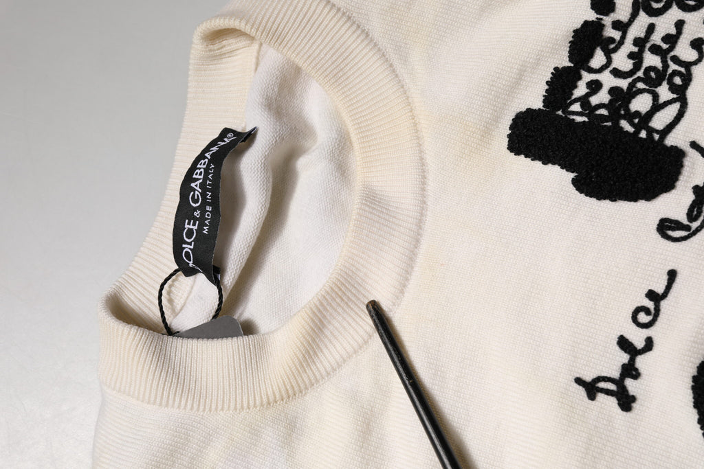 White Virgin Wool Graphic Logo Crewneck Sweater