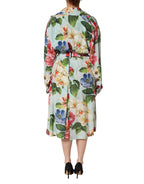 Green Floral Silk Wrap Midi Long Sleeve Dress