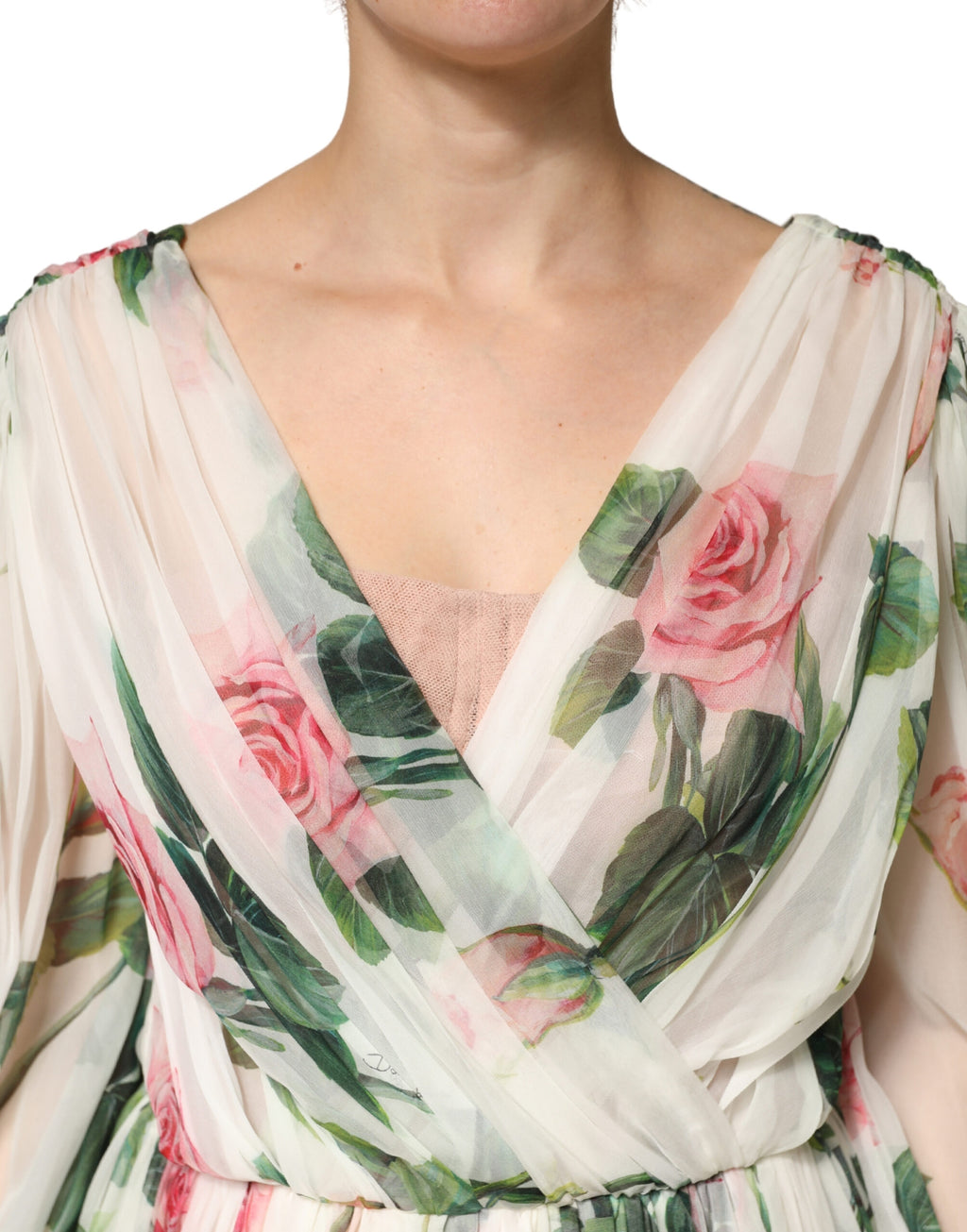 Green Floral Silk Wrap Midi Long Sleeve Dress