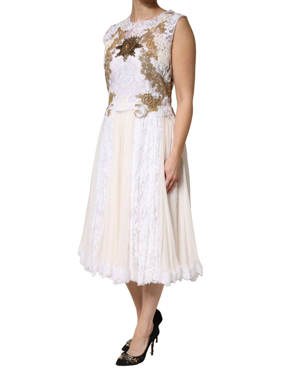 Ivory Lace Silk Embellished Sleeveless  Dress