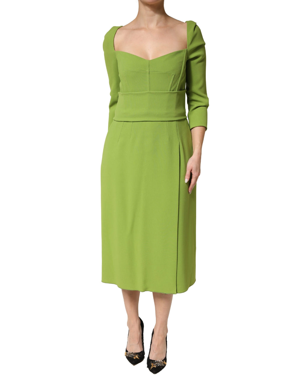 Green Silk Sweetheart Neckline Midi  Dress