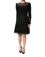 Black Lace Sheer Panel Midi Long Sleeve  Dress