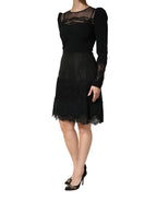 Black Lace Sheer Panel Midi Long Sleeve  Dress