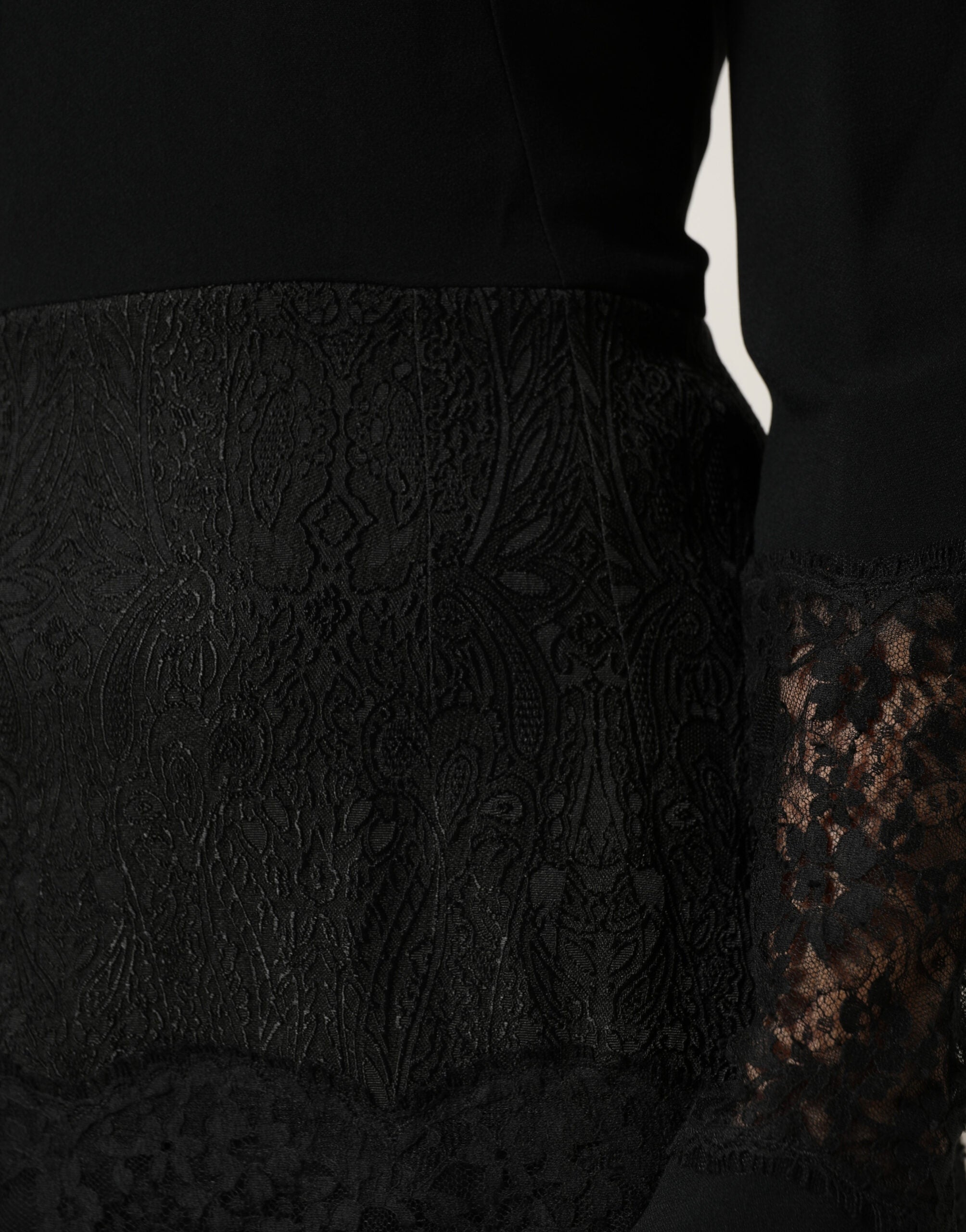 Black Lace Sheer Panel Midi Long Sleeve  Dress