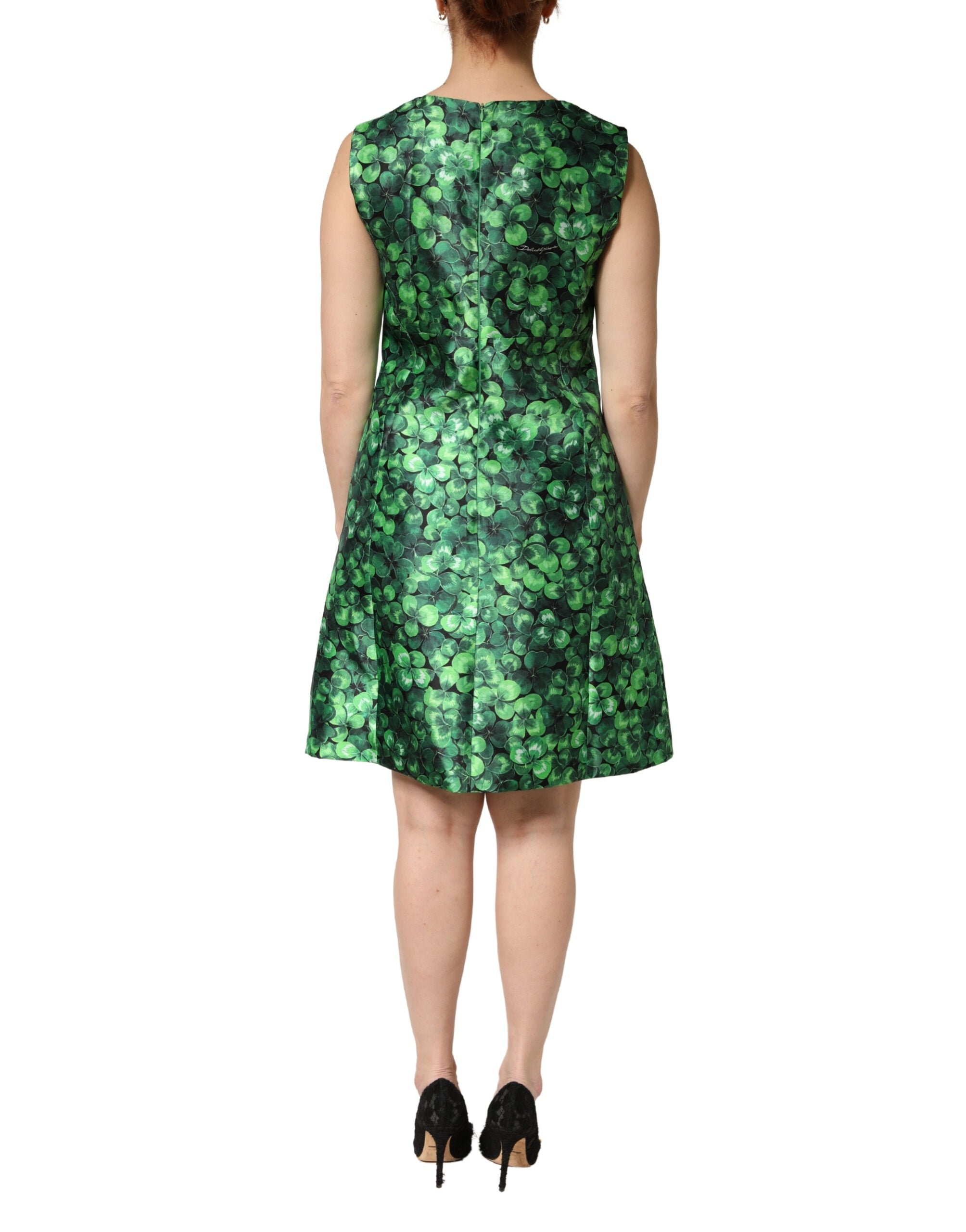 Green Clover Print Sleeveless A-Line  Dress