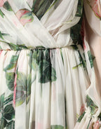 Floral Rose Ivory Silk Blend Longsleeve Dress