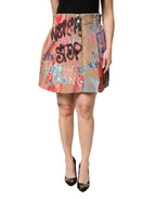 Beige Graffiti Print Cotton Blend Mini Skirt
