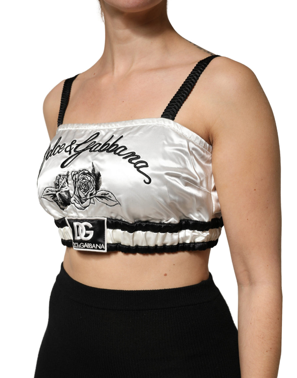 White Silk Satin Crop Black Logo Bralette Top