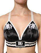 Black Floral Silk Satin Crop Logo Bralette Top