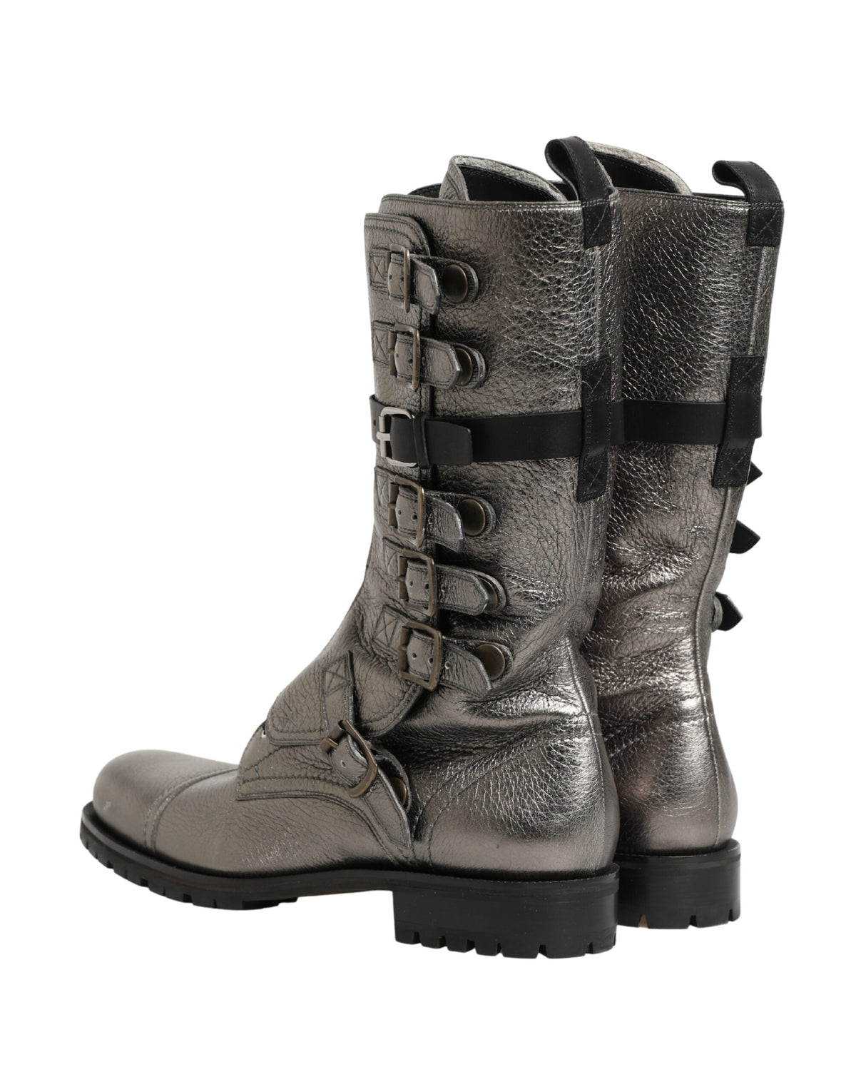 Metallic Leather Buckle Combat Boots Shoes