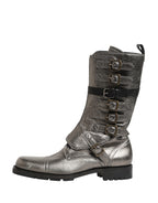 Metallic Leather Buckle Combat Boots Shoes