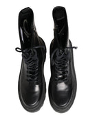 Black Leather Trek Sole Combat Boots Shoes