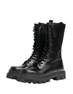 Black Leather Trek Sole Combat Boots Shoes