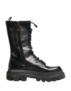 Black Leather Trek Sole Combat Boots Shoes