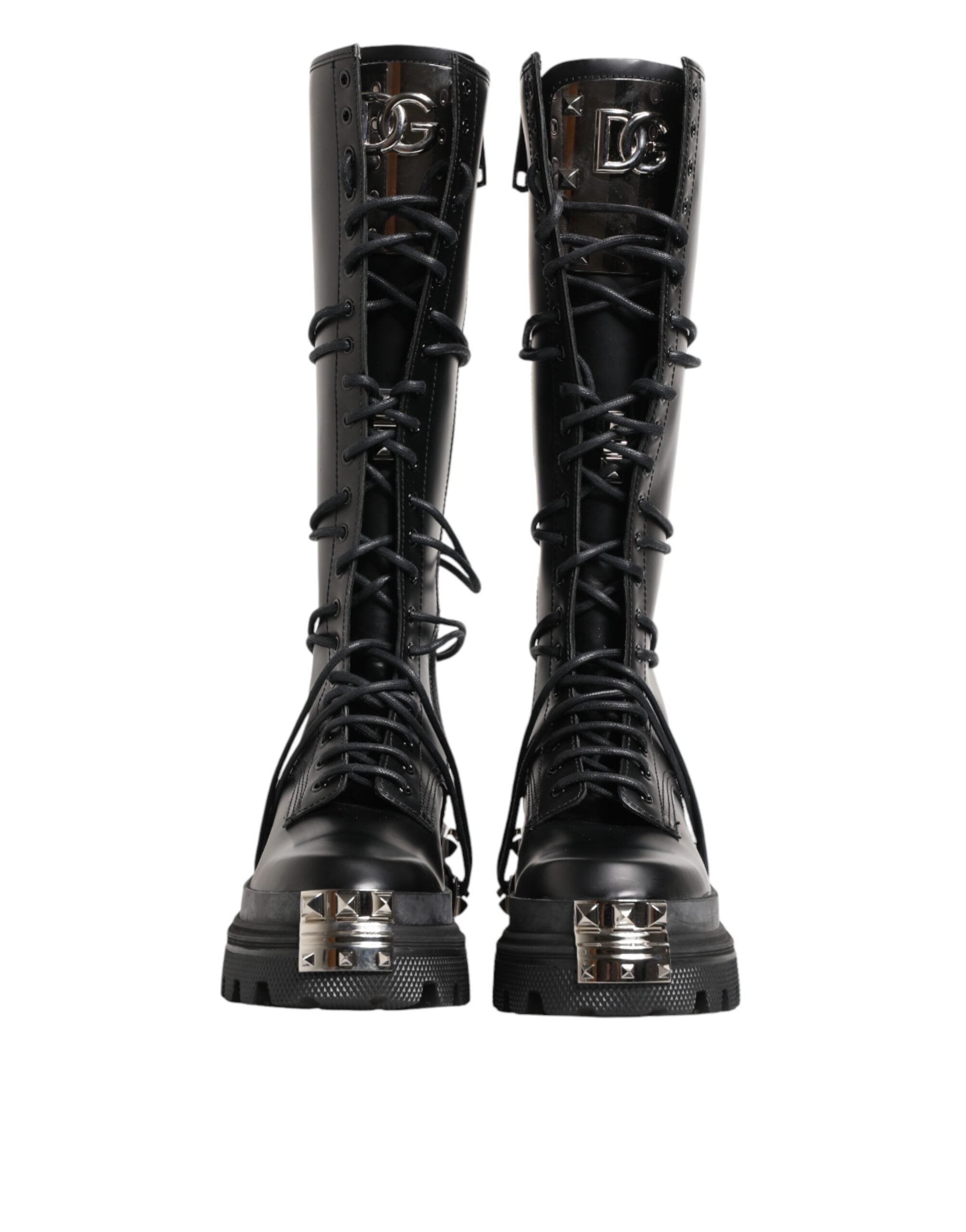 Black Leather Knee High Combat Boots Shoes
