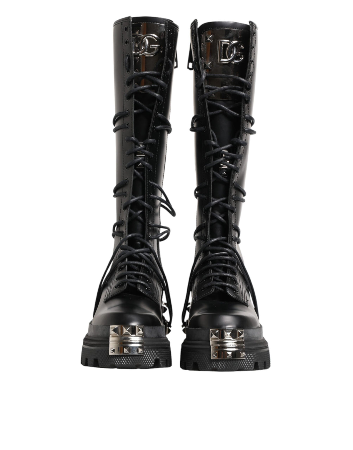 Black Leather Knee High Combat Boots Shoes