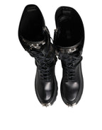 Black Leather Knee High Combat Boots Shoes