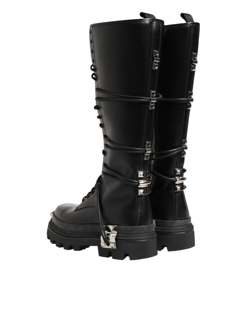 Black Leather Knee High Combat Boots Shoes