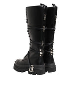 Black Leather Knee High Combat Boots Shoes