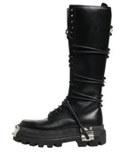 Black Leather Knee High Combat Boots Shoes