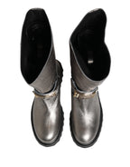 Metallic Silver Leather Mid Calf Boots Shoes