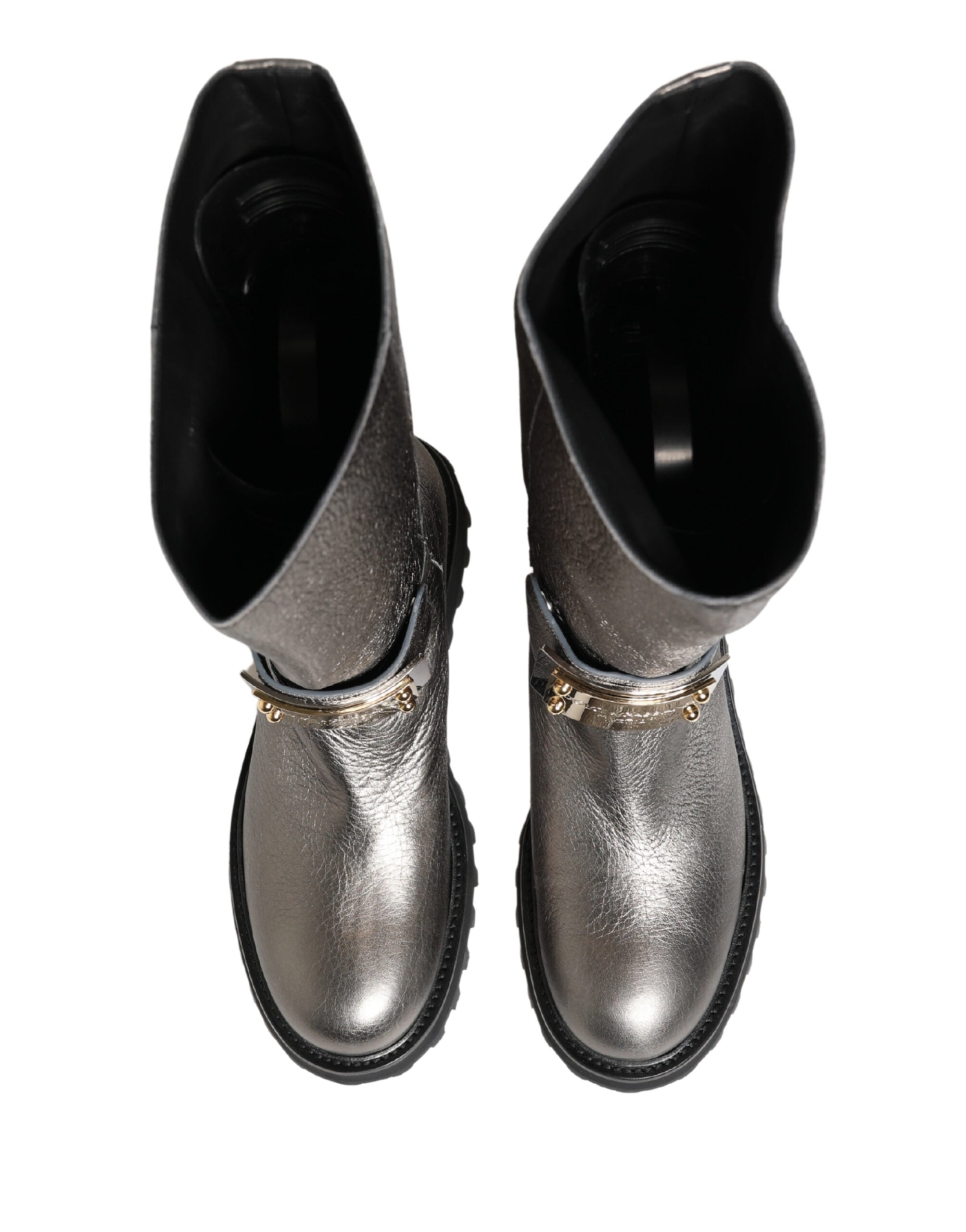 Metallic Silver Leather Mid Calf Boots Shoes