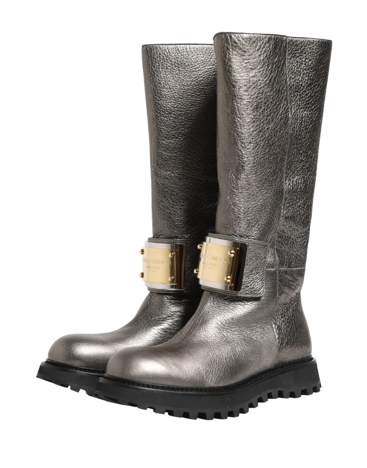 Metallic Silver Leather Mid Calf Boots Shoes