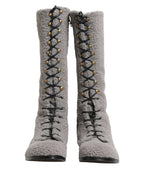 Gray Shearling Lace Up Knee High Boots Shoes