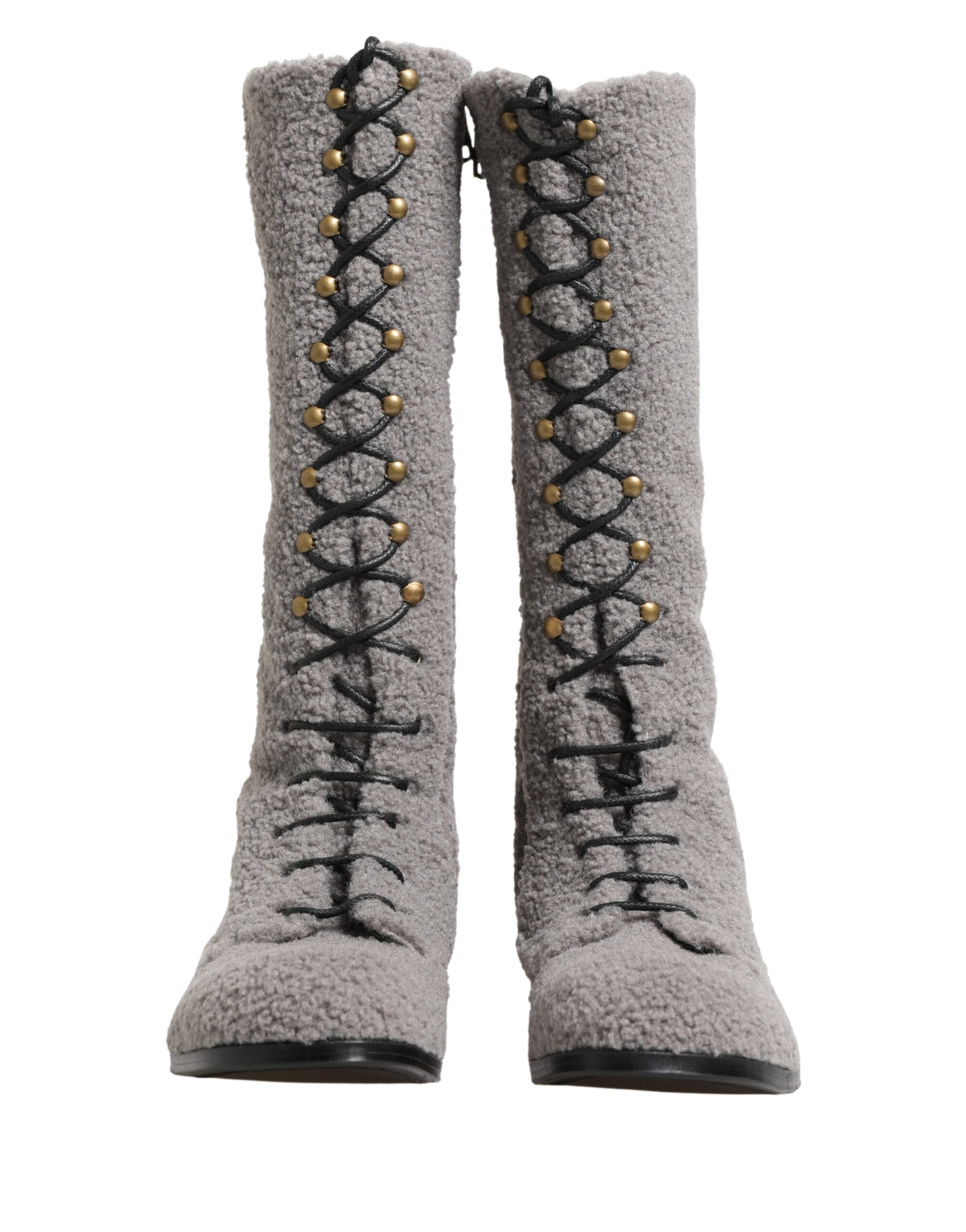 Gray Shearling Lace Up Knee High Boots Shoes