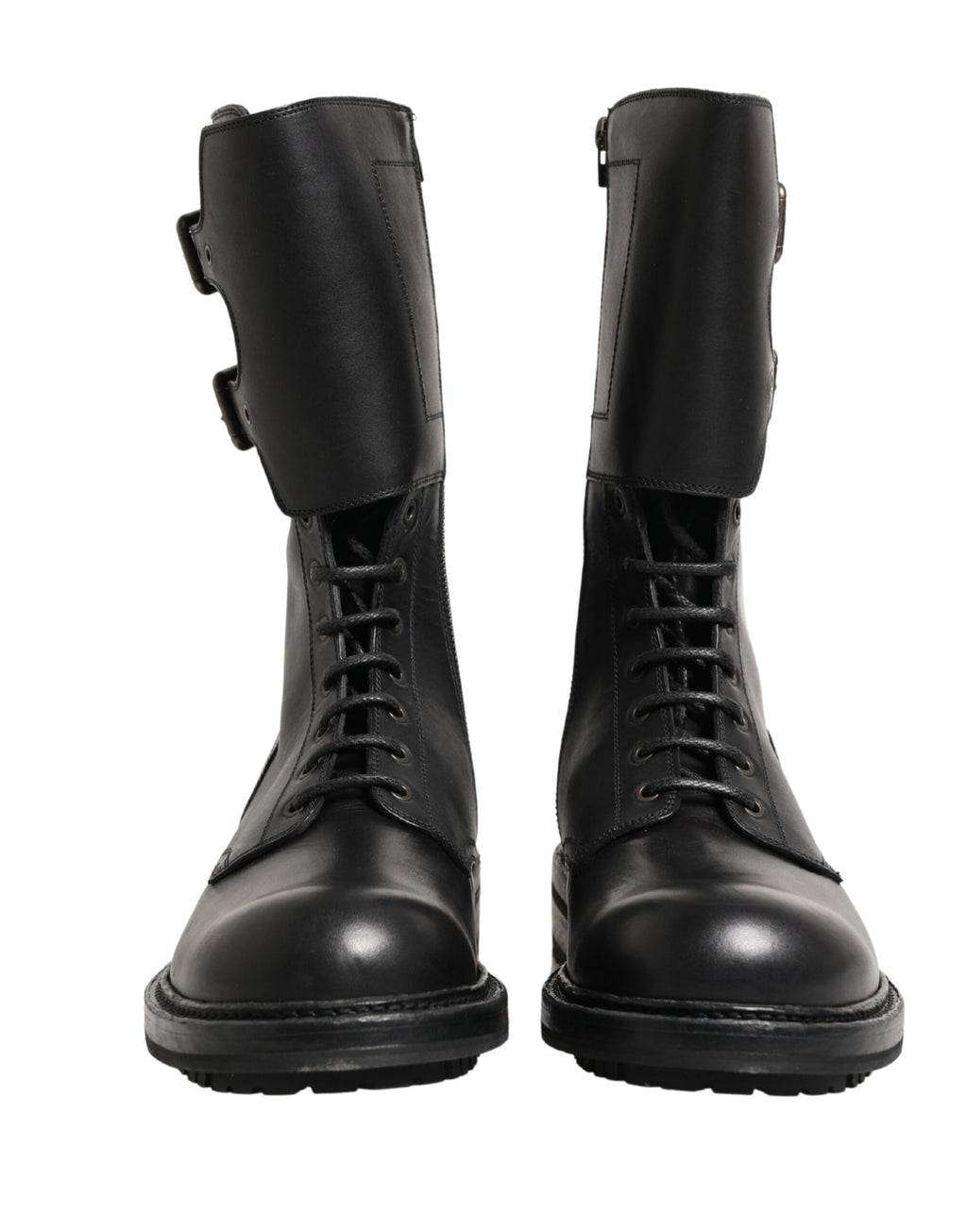 Black Leather Belted Buckle Combat Boots Shoes