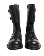 Black Leather Belted Buckle Combat Boots Shoes