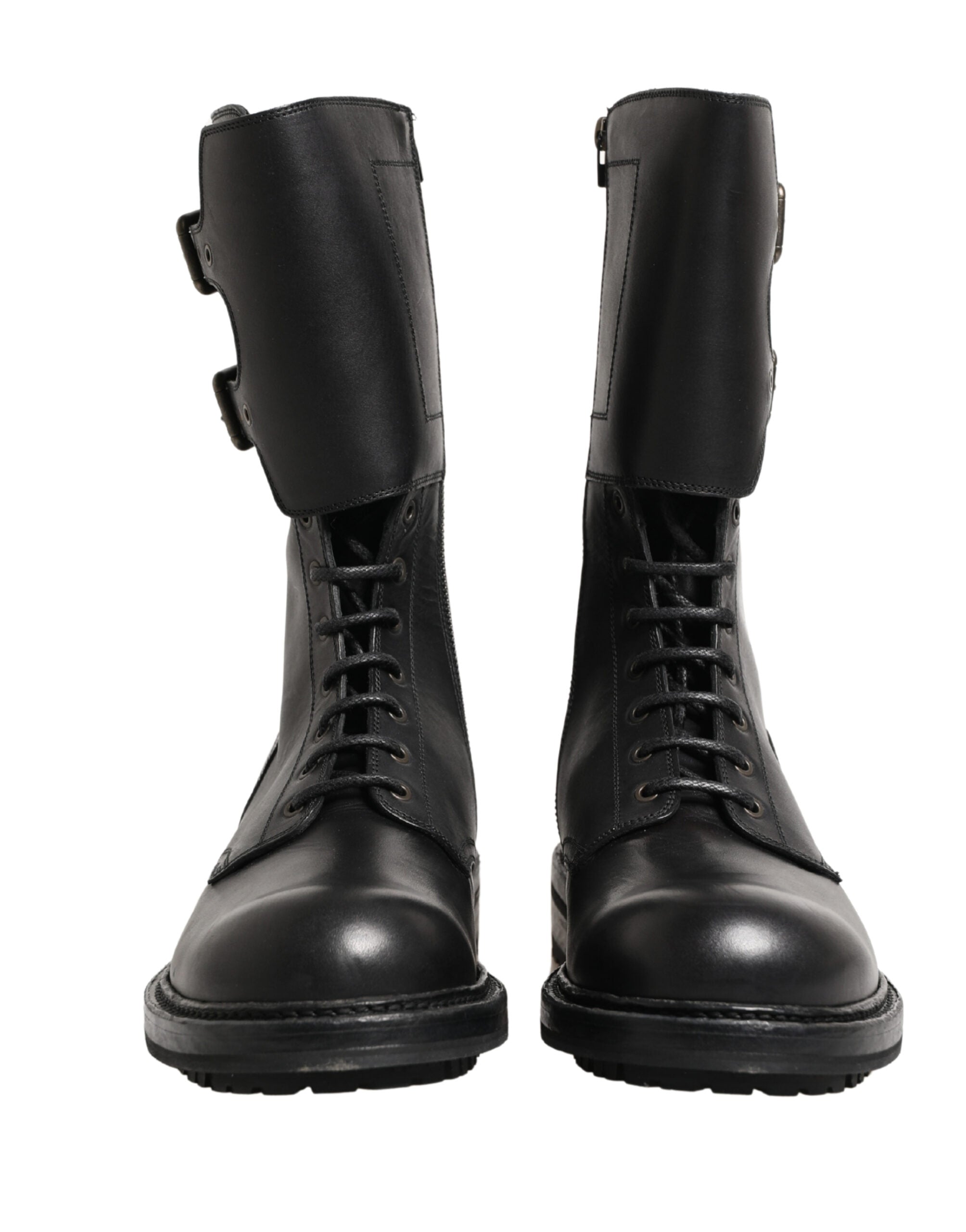 Black Leather Belted Buckle Combat Boots Shoes