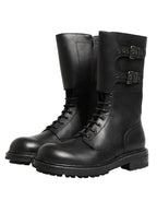 Black Leather Belted Buckle Combat Boots Shoes