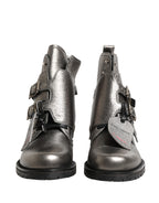 Metallic Silver Leather Buckle Ankle Boots Shoes