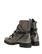 Metallic Silver Leather Buckle Ankle Boots Shoes