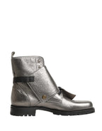Metallic Silver Leather Buckle Ankle Boots Shoes