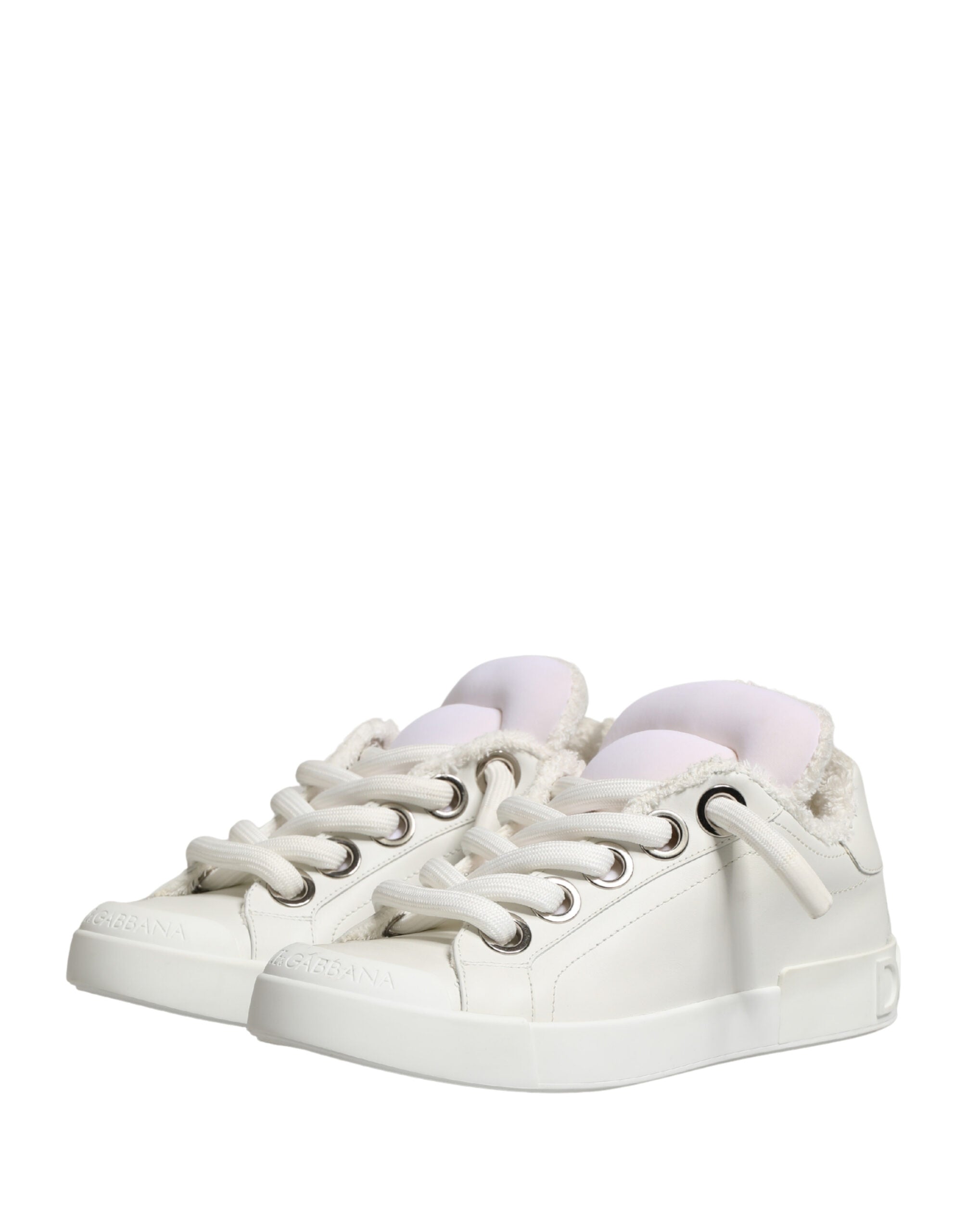 White Leather Shearling Fur Low Top Sneakers Shoes